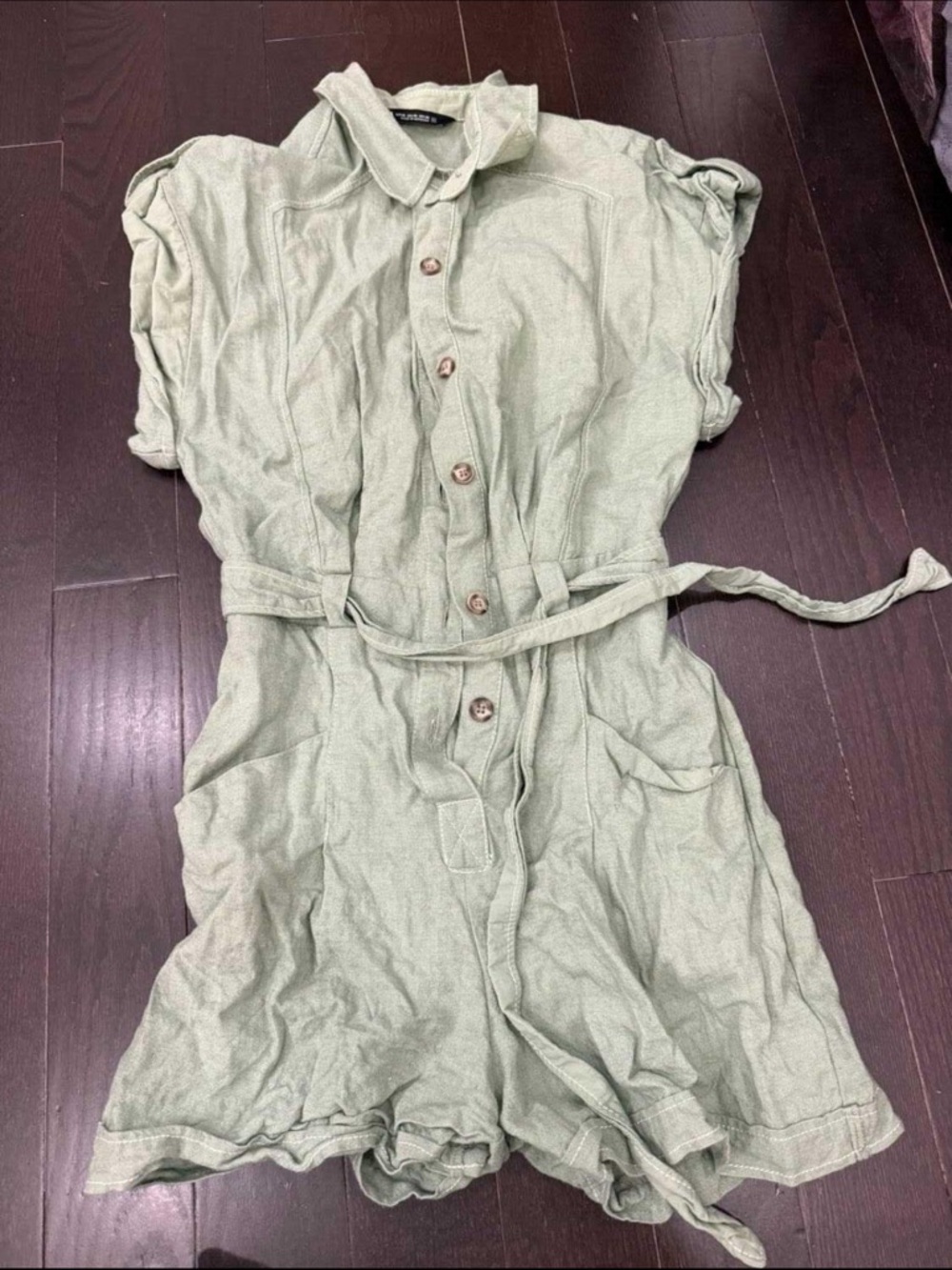 Zara Sage Button-Front Romper with Waist Tie